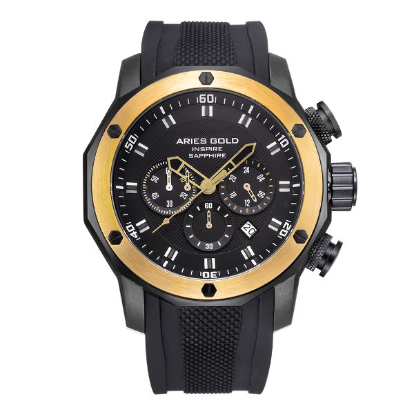 ARIES GOLD CHRONOGRAPH VENTURER GOLD STAINLESS STEEL G 7012Z BK-G BLACK SILICONE STRAP MEN'S WATCH